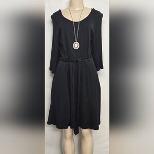 Soma M Black Dress Flowy Stretch Knit 3/4 Sleeve Flare Belted Pullover